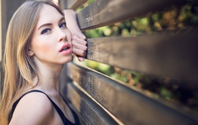 Beautiful blue-eyed girl at a wooden fence