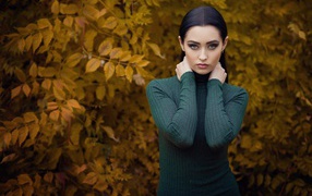 Красивая брюнетка позирует на фоне желтых листьев