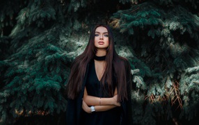 Голубоглазая девушка брюнетка у большой зеленой ели 