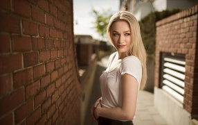 Молодая девушка блондинка у кирпичной стены 