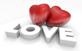 Два больших красных сердца с надписью Любовь на белом фоне, на 14 февраля
