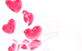 Flight of pink hearts on a white background