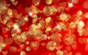Golden hearts on a red background