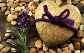 Stone in the shape of heart with a bow and a flower