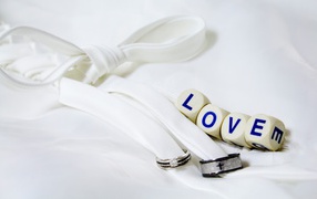 Two rings tied with a white ribbon and cubes with the inscription love