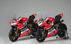 Два мотоцикла Ducati  Panigale R Superbike, 2017 на сером фоне