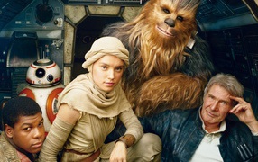 BB-8, Чубакка, Хан Соло, Рей, Финн персонажи фильма Звёздные войны. Эпизод VII Пробуждение Силы 