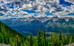 Красивое небо с белыми облаками над покрытыми лесом горами