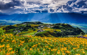 Лучи солнца пробиваются сквозь белые облака над цветущими холмами. Тайвань.