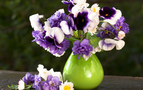 Букет нежных цветов анютины глазки и фиалки в вазе