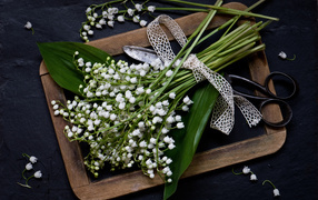 Букет белых ландышей с ножницами на столе