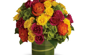 Букет разноцветный роз в вазе на белом фоне