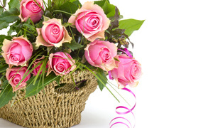 Букет розовых роз корзине с лентой на белом фоне