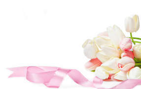 Букет тюльпанов с розовой лентой на белом фоне, шаблон для поздравительной открытки