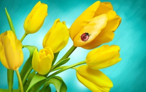 Букет желтых тюльпанов с божьей коровкой на голубом фоне