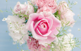 Нежная розовая роза в букете крупным планом