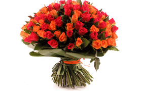 Large bouquet of orange and pink roses on a white background