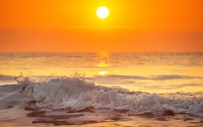 Белая пена на морском берегу в свете солнца на закате