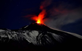 The active volcano Etna at night