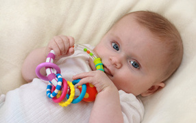 A baby with a rattle in his hands