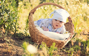 A small cute baby lies in a basket