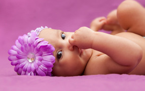 Младенец девочка с большим сиреневым цветком на голове 