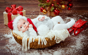 Baby in a basket in a New Year's suit under a Christmas tree with gifts