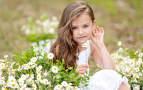 Beautiful blue-eyed girl with a white daisy in her hand