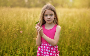 Красивая зеленоглазая девочка шатенка в поле