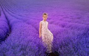 Девочка в красивом платье на лавандовом поле