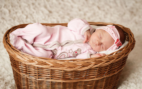 Little cute little girl is sleeping in a big basket
