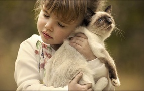 Маленькая девочка обнимает котенка 