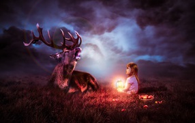 Little girl with a big deer