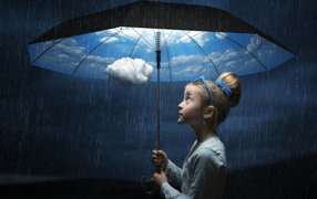 Маленькая девочка с зонтиком в руках под дождем