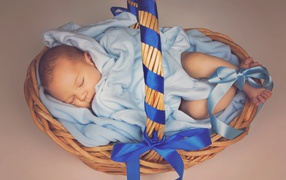 Sleeping baby in a basket with blue ribbons