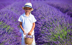 Smiling boy on a field of purple lavender