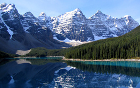 Snow-capped mountain tops and a lake in Banff National Park, Canada