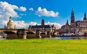 View of the bridge over the river and the ancient architecture of the city of Dresden. Germany