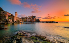 City of Vernazza on the beach at sunset, Italy