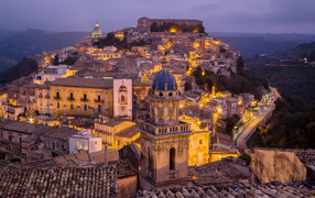 Panorama of the night city, Sicily, Italy