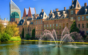 Fountain on the background of the architecture of the city of The Hague, Netherlands