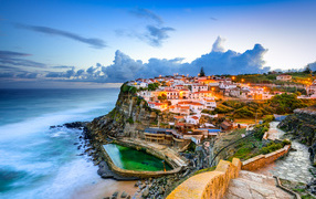 Evening city on a rocky coast, Portugal