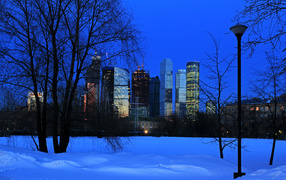 View of Moscow skyscrapers from a winter park, Russia