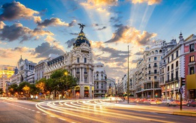 Ancient architecture on the Gran Via street, Madrid. Spain