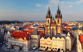 Ancient Tyn Church, a panorama of the city of Prague. Czech Republic