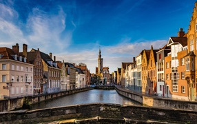 Houses in the city of Bruges against the blue sky, Belgium