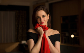 Actress Eva Green with a red scarf in her hands