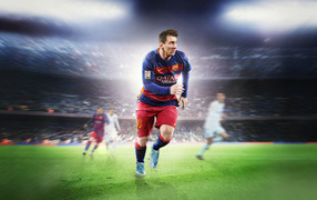 Football player Lionel Messi runs on the football field