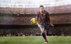 Футболист Неймар на футбольном поле с мячом