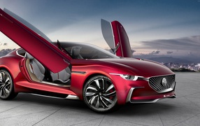 Бордовый электромобиль MG E-Motion с открытыми дверями